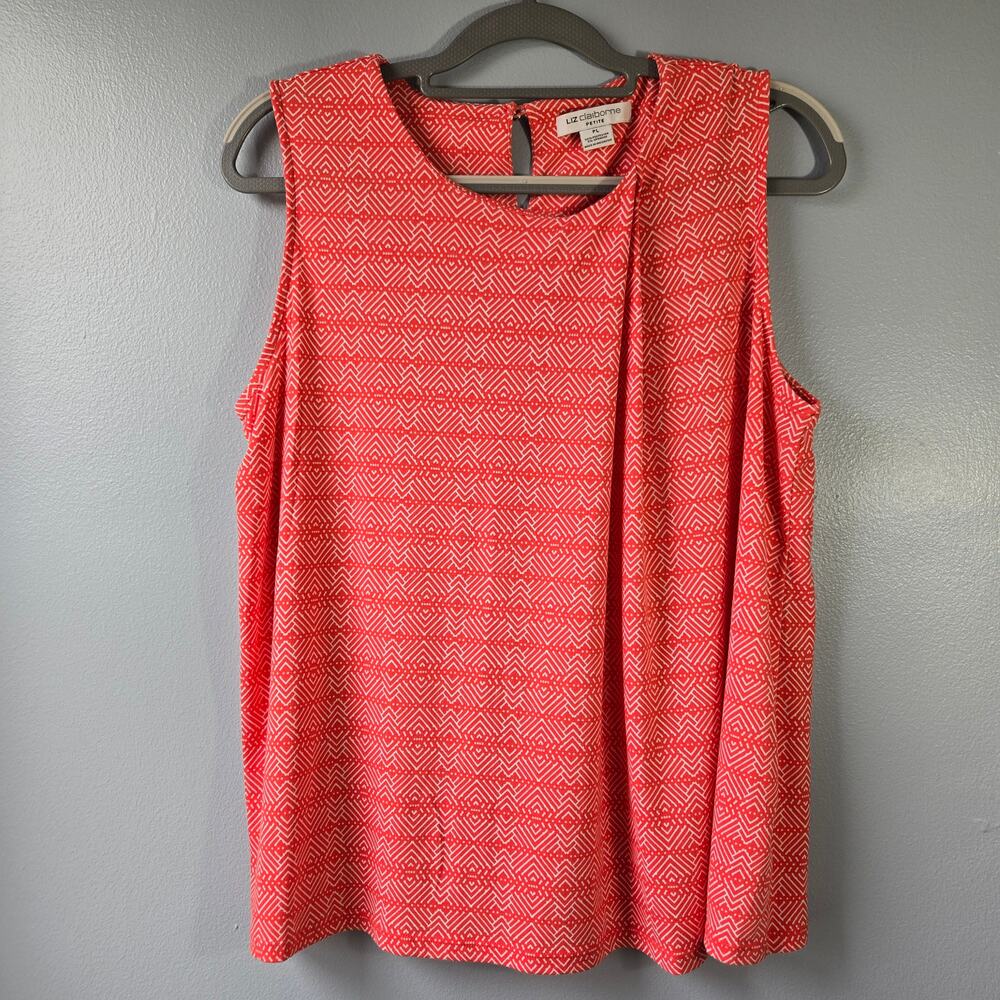 Liz Claiborne Sleeveless Pleated Front Keyhole Back Opening Orange & Cream Top
